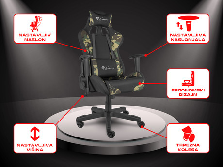 EOL - GENESIS gaming stol NITRO 560, ergonomski, nastavljiv naslon, črn/camo