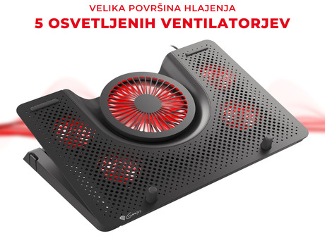 GENESIS OXID 550, vrhunsko hladilno stojalo/podstavek za prenosnike do 17.3'', nastavljiv kot, LED osvetlitev, 5 tihih ventilatorjev