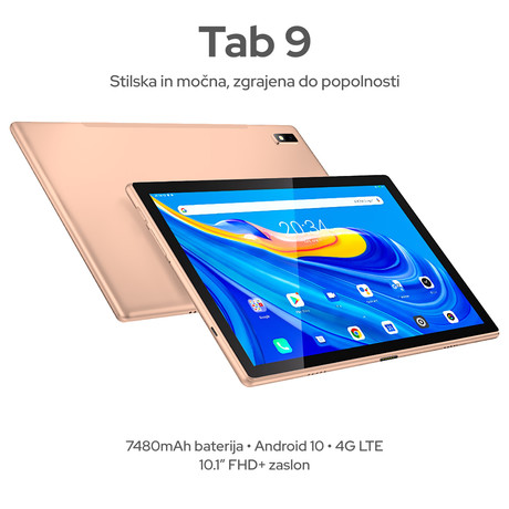 EOL - Tablični računalnik 10.1'' BlackView Tab 9, 4G-LTE, Spreatrum 610, 4GB/64GB/MicroSD, IPS FHD+ 1920x1200, Android 10, GPS, USB Type-C, Zlata (Gold)