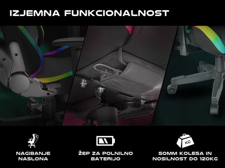 GENESIS gaming stol TRIT 500 RGB, ergonomski, RGB LED osvetlitev, popolnoma nastavljiv