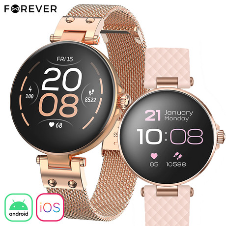 Pametna ura FOREVER ForeVive Petite SB-305, 1.08" zaslon, Bluetooth, Android + iOS, baterija, aplikacija, IP68, menstrualni cikel, analiza spanca, dodaten pašček, roza zlata (Rose Gold)