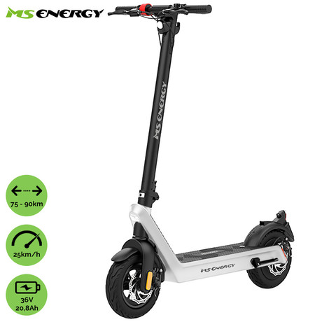 Električni skiro MS ENERGY e21, 10" pnevmatike, 500W motor, domet do 90km, LED osvetlitev, zložljiv, 36V 20.8Ah zamenljiva baterija, regenerativno polnjenje, LCD zaslon, belo črn