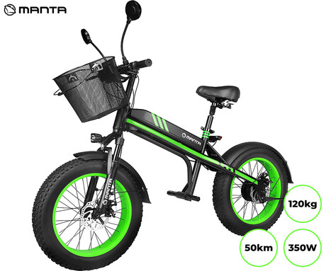Električno kolo/skiro MANTA MES2002N Flinstone FAT, 350W motor, 20" pnevmatike, do 20km/h, domet 50km, do 120kg, LED osvetlitev, vzmetenje, črno-zelen