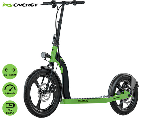Električni skiro MS ENERGY r10, 20"+16" pnevmatike, 350W motor, domet do 30km, LED osvetlitev, 36V 10.2Ah baterija, LCD zaslon, zložljiv, črno zelen