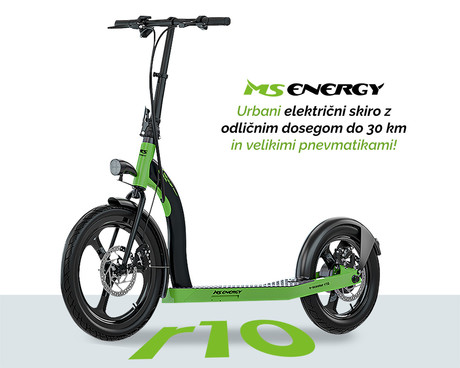 Električni skiro MS ENERGY r10, 20"+16" pnevmatike, 350W motor, domet do 30km, LED osvetlitev, 36V 10.2Ah baterija, LCD zaslon, zložljiv, črno zelen