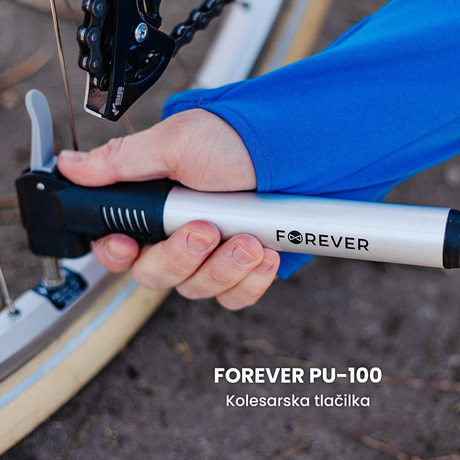 Kolesarska zračna tlačilka FOREVER PU-100, prenosna, montaža na kolo, ventil Schrader in Presta, do 70 PSI (4,8 bar), aluminij, črno-srebrna