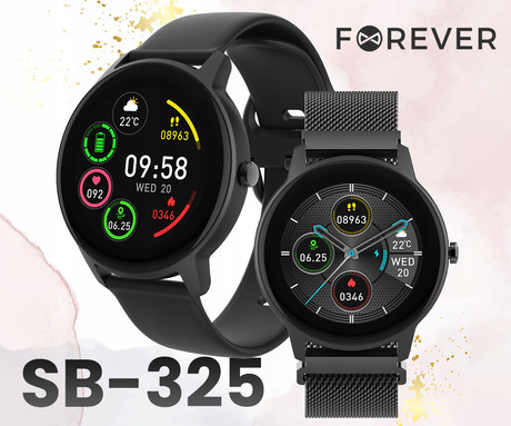 Pametna ura FOREVER ForeVive 2 Slim SB-325, 1.22" zaslon, Bluetooth, Android + iOS, baterija, aplikacija, IP68, merjenje aktivnosti, analiza spanca, športni načini, črna