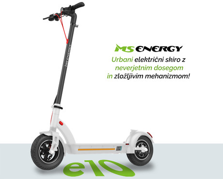 EOL - Električni skiro MS ENERGY e10, 10" pnevmatike, 450W motor, domet do 40km, LED osvetlitev, zložljiv, 48V 12.5Ah baterija, regenerativno polnjenje, LCD zaslon, brezplačna aplikacija, bel