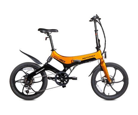 MS ENERGY STREETFLEX i20 električno kolo, zložljivo, 20" pnevmatike, 250W motor, 36V 7.8Ah 280Wh baterija, Shimano, do 50 km, disk zavore, vzmetenje, LCD zaslon, NFC, črno oranžno (Nightfall Sunset)