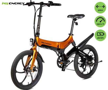 MS ENERGY STREETFLEX i20 električno kolo, zložljivo, 20" pnevmatike, 250W motor, 36V 7.8Ah 280Wh baterija, Shimano, do 50 km, disk zavore, vzmetenje, LCD zaslon, NFC, črno oranžno (Nightfall Sunset)