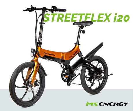 MS ENERGY STREETFLEX i20 električno kolo, zložljivo, 20" pnevmatike, 250W motor, 36V 7.8Ah 280Wh baterija, Shimano, do 50 km, disk zavore, vzmetenje, LCD zaslon, NFC, črno oranžno (Nightfall Sunset)