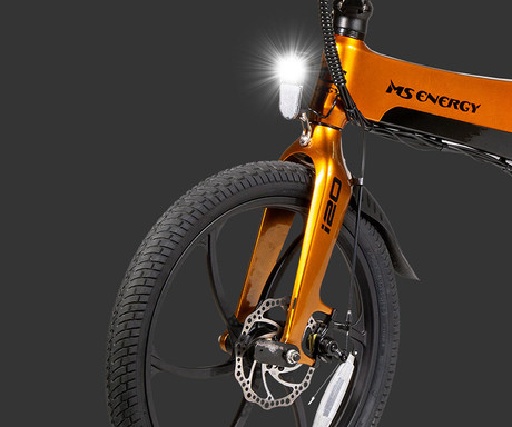 MS ENERGY STREETFLEX i20 električno kolo, zložljivo, 20" pnevmatike, 250W motor, 36V 7.8Ah 280Wh baterija, Shimano, do 50 km, disk zavore, vzmetenje, LCD zaslon, NFC, črno oranžno (Nightfall Sunset)