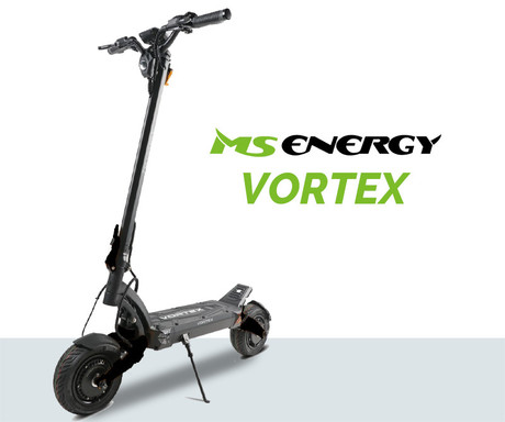 MS ENERGY VORTEX električni skiro, 10" gume, 2x 1200W motor, 70km doseg, 52V 18Ah baterija, vzmetenje, sistem EBS, Smart BMS, LCD zaslon, LED osvetlitev, aplikacija, črn (Obsidian Black)