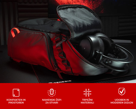 GENESIS PALLAD 420 univerzalni 2v1 nahrbtnik, za prenosnike do 15.6", 18L, potovalni / gaming, nastavljiv, trpežen, 6 žepov, prilagodljiv, vodoodporen, Trolley sistem, črn