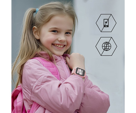 MANTA STELIO JUNIOR 4G otroška pametna ura, 4G LTE, 1.75" zaslon, SIM, GPS+WiFi, hitra in varna komunikacija, trpežen zaslon, SOS, 700 mAh, IP67, roza (Powder Pink)