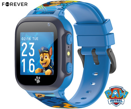 FOREVER KW-60 Paw Patrol otroška pametna ura, 1.44" zaslon, LBS, klicanje, sporočila, SOS gumb, Android + iOS, baterija, aplikacija, svetilka, modra (Bron - Chase)