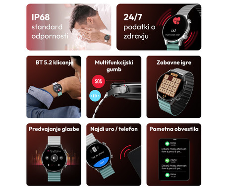 Kieslect Kr Pro Ltd pametna ura, 1.43" AMOLED, BT 5.3, Android + iOS, klicanje, baterija, aplikacija, IP68, spremljanje zdravja, analiza spanca, 100+ športnih načinov, 2 paščka, srebrna (Silver)