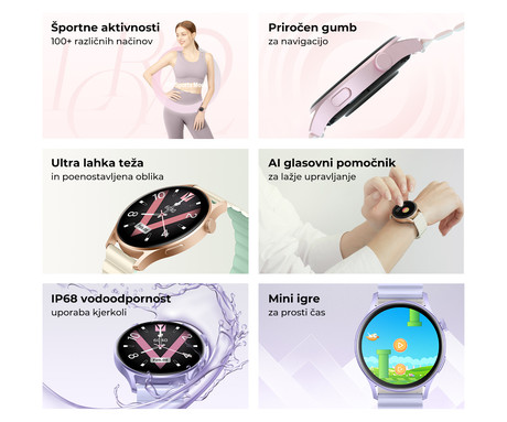 Kieslect Lora2 ženska pametna ura, 1.3" AMOLED, BT 5.2, Android + iOS, klicanje, baterija, aplikacija, IP68, spremljanje zdravja, analiza spanca, 100+ športnih načinov, 2 paščka, roza zlata (Pink)