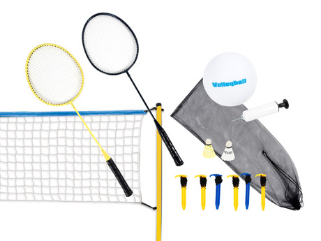 Set za odbojko in badminton - mreža, 2 loparja + 2 žogice, žoga, tlačilka, vrečka