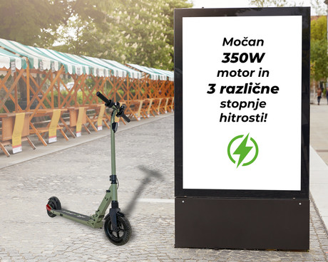 EOL - Električni skiro TREVI Velociptor SKILL ES80W, 8'', zložljiv, LED osvetlitev, LED prikazovalnik, do 25km/h, 350W, Baterija 3.6V/5Ah, Amortizer, do 120kg, Military Green