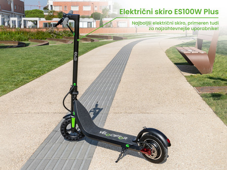 EOL - Električni skiro TREVI Velociptor PLUS ES100W, 10'', zložljiv, LED osvetlitev, LED prikazovalnik, hitrost do 25km/h, Močan motor 350W, Baterija 3.6V/7.5Ah, Amortizer, do 120kg