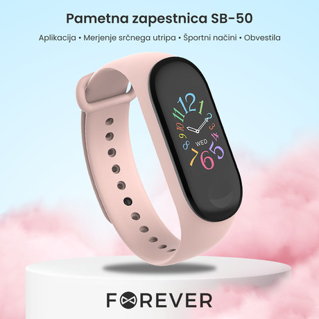 FOREVER pametna zapestnica FITBAND SB-50, Bluetooth 5.0, aplikacija, vodoodporna IP65, svetlo roza (Sand Pink)