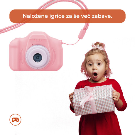 FOREVER SKC-100 otroški fotoaparat s kamero, igre, polnilna baterija, SD kartica, roza