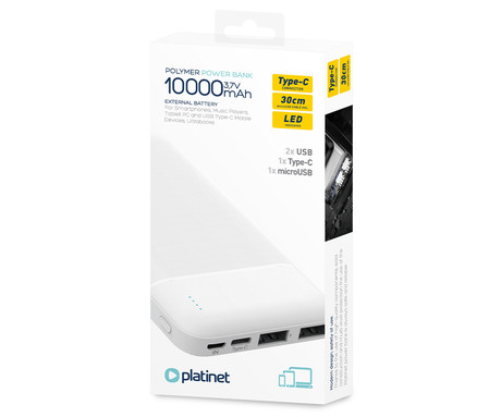 Power Bank PLATINET 10.000mAh, Li-Polymer, LED indikator, Type-C, bela