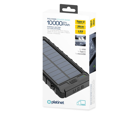 Platinet PMPB10SP solarni power bank, 10.000mAh, solarno polnjenje, USB / Type-C / microUSB, kompas, LED svetilka, črn