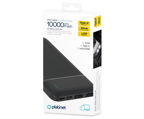 Power Bank PLATINET 10.000mAh, Li-Polymer, LED indikator, Type-C, črna
