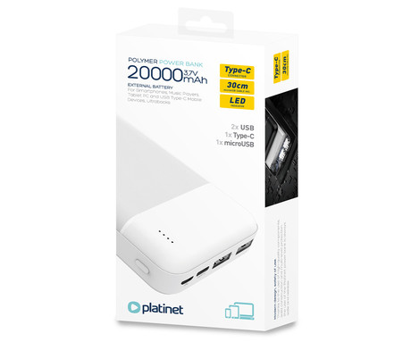 Power Bank PLATINET 20.000mAh, Li-Polymer, LED indikator, Type-C, bela