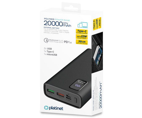 Power Bank PLATINET 20.000mAh, Li-Polymer, Quick Charge 3.0, Power Delivery 3.0, LED prikazovalnik, Type-C, črna