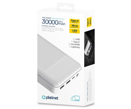 Power Bank PLATINET 30.000mAh, Li-Polymer, LED indikator, Type-C, bela