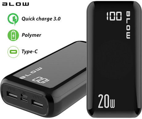 Power bank BLOW PB30A, 30.000mAh, Polymer baterija, Quick Charge 3.0, LED zaslon, Type-C, črna