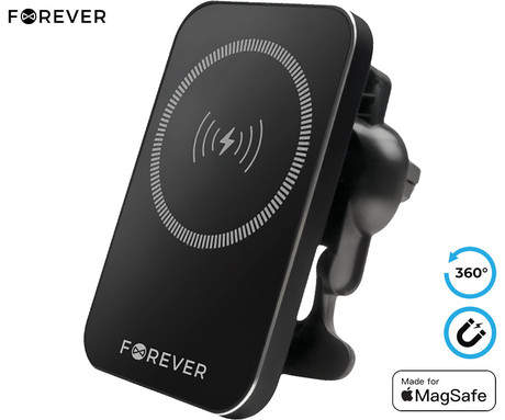 FOREVER MACH-100 magnetni avto nosilec / polnilec za telefon, 2v1, 15W brezžično polnjenje, Apple, MagSafe, 360° vrtenje, črn