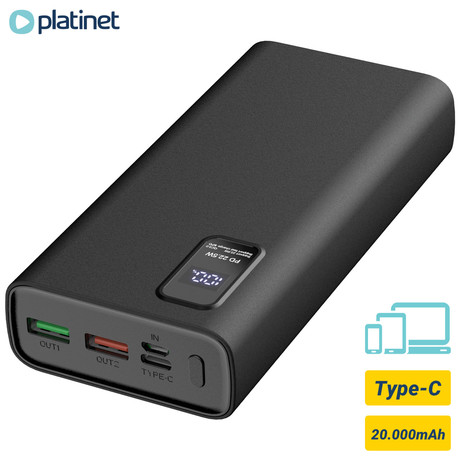 Power Bank PLATINET 20.000mAh, Li-Polymer, Quick Charge 3.0, Power Delivery 3.0, LED prikazovalnik, Type-C, črna