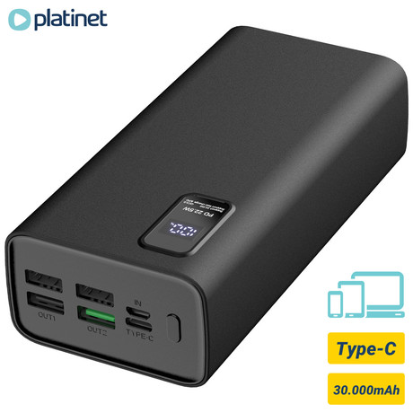 Power Bank PLATINET 30.000mAh, Li-Polymer, Quick Charge 3.0, Power Delivery 3.0, LED prikazovalnik, Type-C, črna