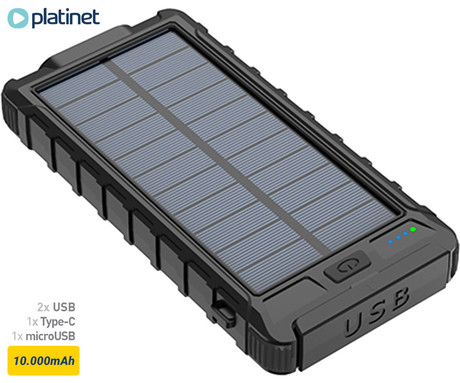 Platinet PMPB10SP solarni power bank, 10.000mAh, solarno polnjenje, USB / Type-C / microUSB, kompas, LED svetilka, črn