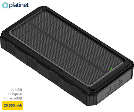 Platinet PMPB20SP solarni power bank, 20.000mAh, solarno polnjenje, USB / Type-C / microUSB, LED svetilka, črn