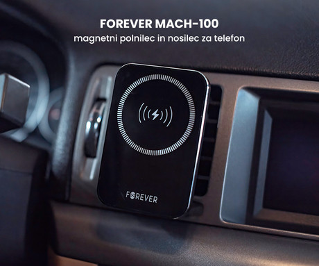 FOREVER MACH-100 magnetni avto nosilec / polnilec za telefon, 2v1, 15W brezžično polnjenje, Apple, MagSafe, 360° vrtenje, črn