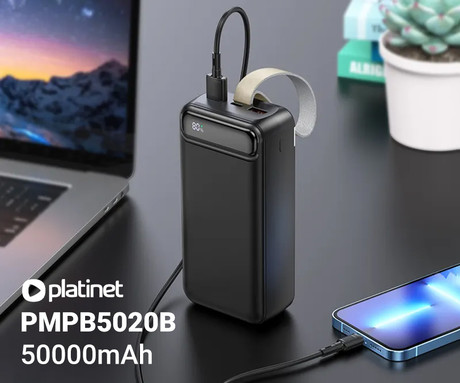 Platinet PMPB5020B powerbank polnilna baterija, 50.000mAh, Quick Charge 3.0, Power Delivery 3.0, 2x USB Type-A, 1x USB Type-C, 1x microUSB, digitalni zaslon, črna