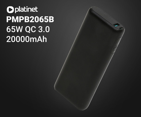 Platinet PMPB2065B powerbank polnilna baterija, 65W, 20.000mAh, Quick Charge 3.0, Power Delivery 3.0, 1x USB Type-A, 1x USB Type-C, digitalni zaslon, črna