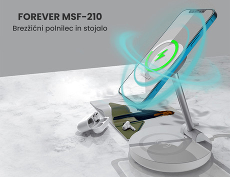 EOL - FOREVER MSF-210 brezžični polnilec / stojalo, za pametne naprave / telefone, moč 15W+5W, QI + MagSafe standard polnjenja, magnetno pritrjevanje, bel
