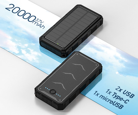 EOL - Platinet PMPB20SP solarni power bank, 20.000mAh, solarno polnjenje, USB / Type-C / microUSB, LED svetilka, črn