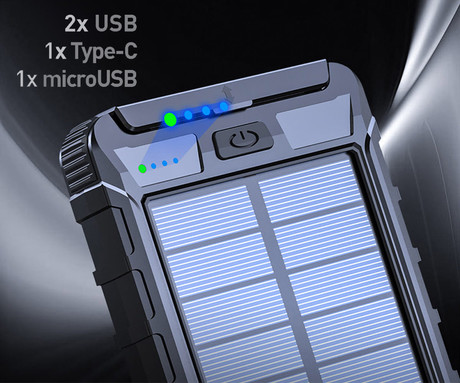EOL - Platinet PMPB10SP solarni power bank, 10.000mAh, solarno polnjenje, USB / Type-C / microUSB, kompas, LED svetilka, črn