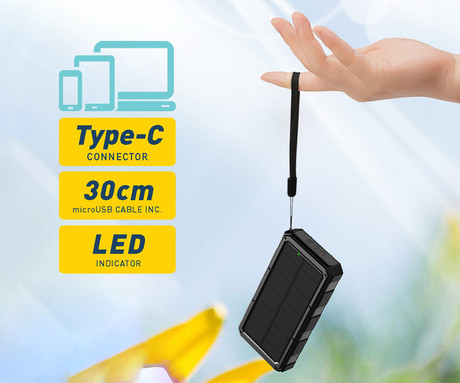 EOL - Platinet PMPB20SP solarni power bank, 20.000mAh, solarno polnjenje, USB / Type-C / microUSB, LED svetilka, črn