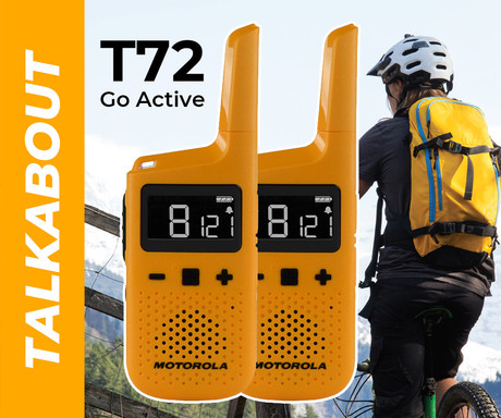 Motorola T72 GO ACTIVE walkie talkie komplet, 2-KIT, PMR446, VOX funkcija, doseg 8km, IP54 vodoodpornost, polnilna baterija, + dodatki, rumen