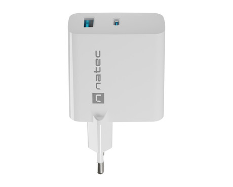 Natec RIBERA GaN polnilec, 45W, 1x USB-A, 1x USB-C, PD 3.0, QC 3.0, protokol PPS, univerzalna kompatibilnost, tehnologija GaN, varnostne zaščite, 90x51x29mm, bel