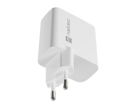 Natec RIBERA GaN polnilec, 45W, 1x USB-A, 1x USB-C, PD 3.0, QC 3.0, protokol PPS, univerzalna kompatibilnost, tehnologija GaN, varnostne zaščite, 90x51x29mm, bel