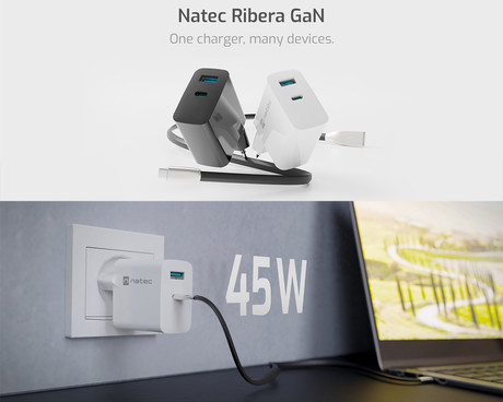 Natec RIBERA GaN polnilec, 45W, 1x USB-A, 1x USB-C, PD 3.0, QC 3.0, protokol PPS, univerzalna kompatibilnost, tehnologija GaN, varnostne zaščite, 90x51x29mm, bel